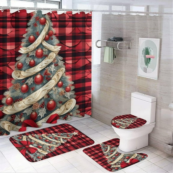 4 Pieces Glam Christmas Tree Shower Curtain Set Rustic Simple Decorative Plants Bathroom Decor Sets with Rugs Bathroom Accessories Set Bathroom Curtain Shower Set with 12 Hooks