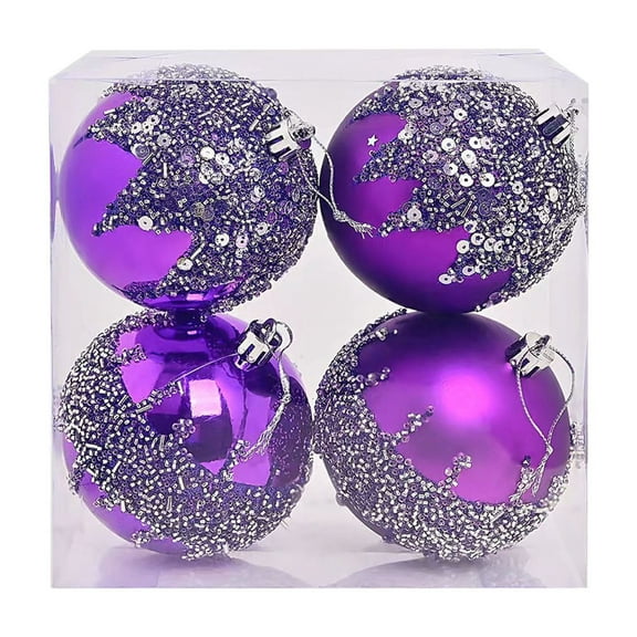 4 Pieces Glitter Christmas Ball Ornaments, Rhinestone Sequin Christmas Decorations, Hanging Plastic Balls for Xmas Trees Wedding Party Holiday Decorations(3.15inches,Purple)