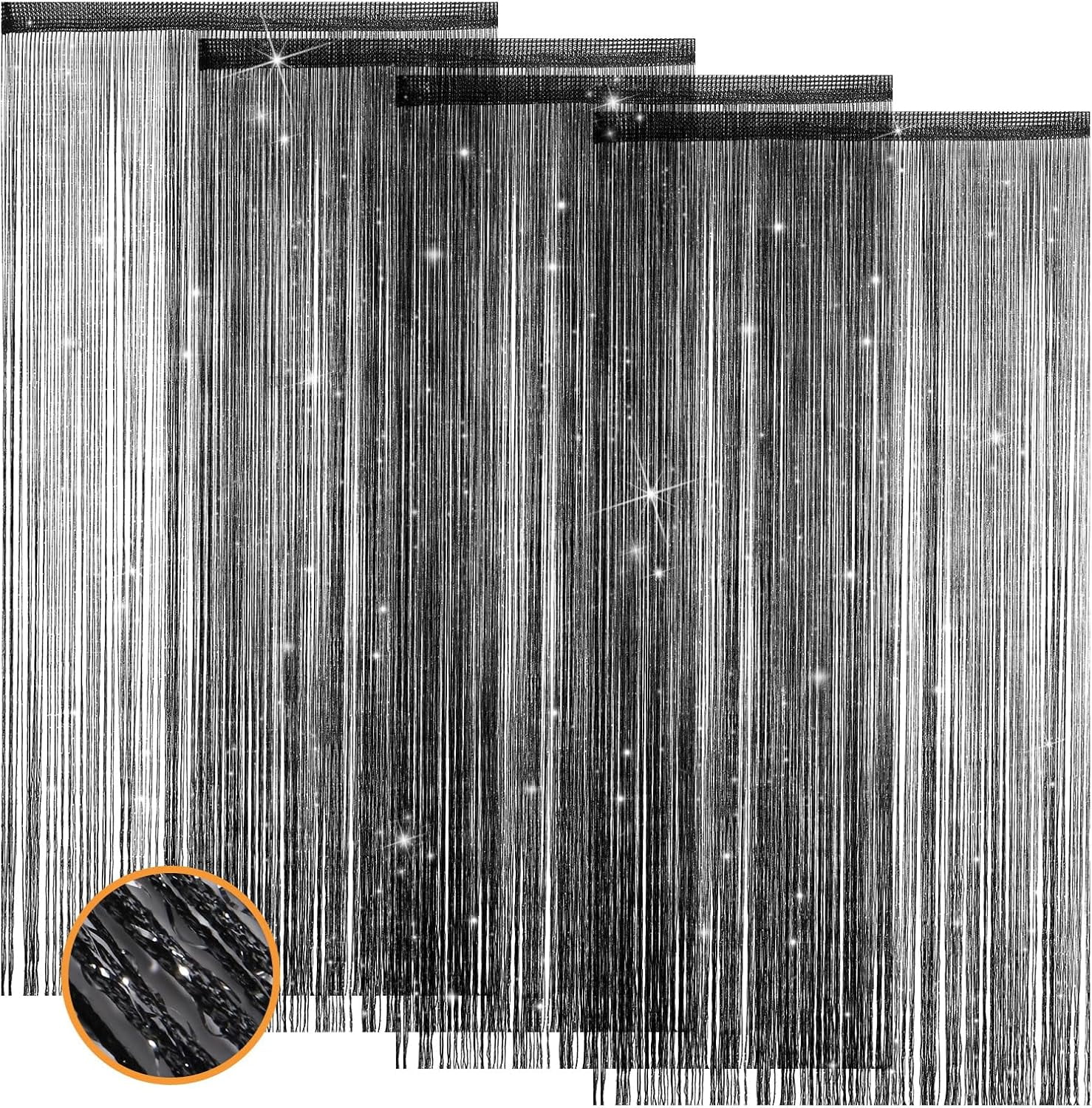 4 Pieces Glitter String Curtains Doorway Beads Curtains, 39 x 79 Inch Hanging Fringe Hippie Room Divider Door String Curtain Boho Doors Tassel for Doorways, Windows, Closet, Privacy Decor (Black)