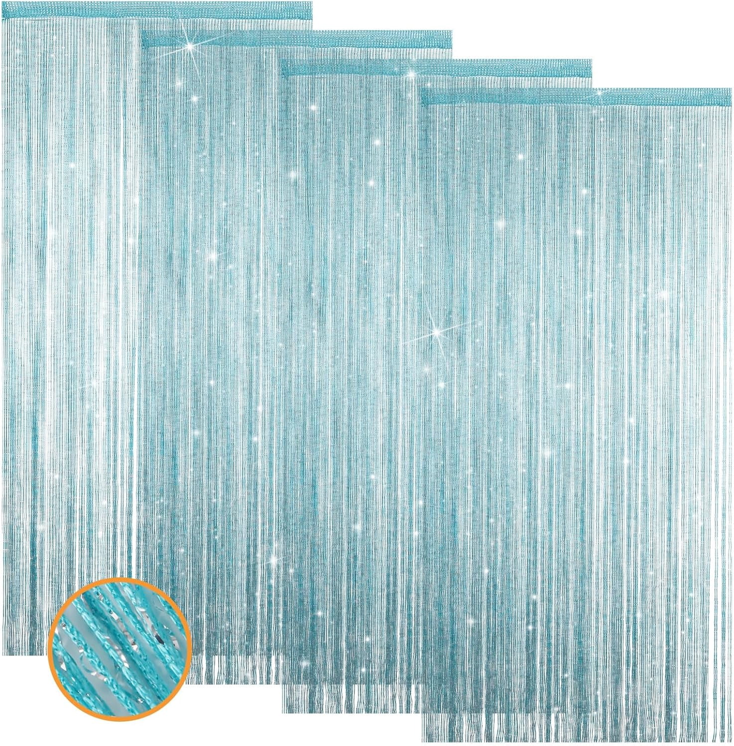 4 Pieces Glitter String Curtains Doorway Beads Curtains, 39 x 79 Inch Hanging Fringe Hippie Room Divider Door String Curtain Boho Doors Tassel for Doorways, Windows, Closet, Privacy Decor (Lake Blue)