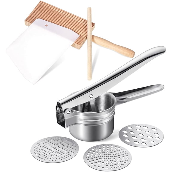 4 Pieces Gnocchi Board Set, Includes Plastic Trapezoidal Baking Scraper, Gnocchi Pasta Board Stripper Paddle, Dowel Wood Rolling Pin, Stainless Steel Potato Ricer Masher with 3 Interchangeable Discs
