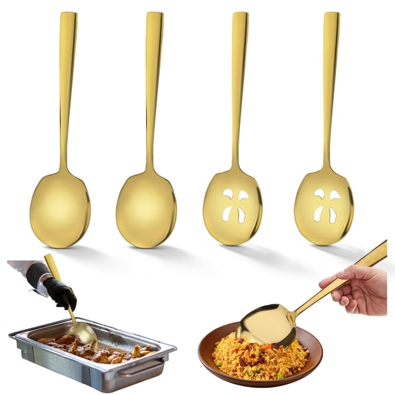 4 Pieces Gold Extra Large Serving Spoons Set, 11.6" Big Stainless Steel Solid & Slotted Serving Spoons, Large Size Silverware Flatware for Buffet Parties Kitchen Catering Dishwasher