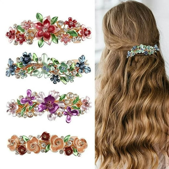 4 Pieces Hair Barrettes for Women, Vintage Flower Hair Barrettes,Metal Gold Snap Hair Clips Decorative Crystal Rhinestone Hair Clips French Barrette Hair Accessories For Women Girls Gifts