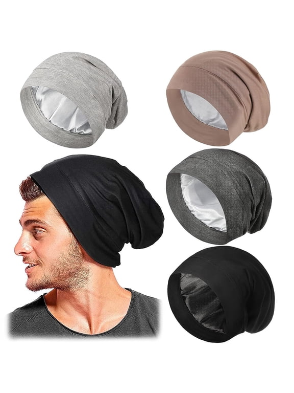 4 Pieces Hair Bonnet for Men Silk Satin Sleep Cap Cover Night Sleeping Beanie Gifts for Boyfriend,Husband Dad (Classic Colors Set)