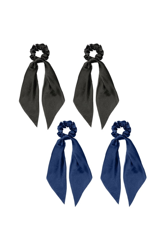 4 Pieces Hair Scrunchies Bowknot Satin Chiffon Long Tail Elastics Ribbon Bow Scarf Scrunchie Vintage Ponytail Holder Ties Bands Accessories for Women,Blue+black,Blue+black，G22513