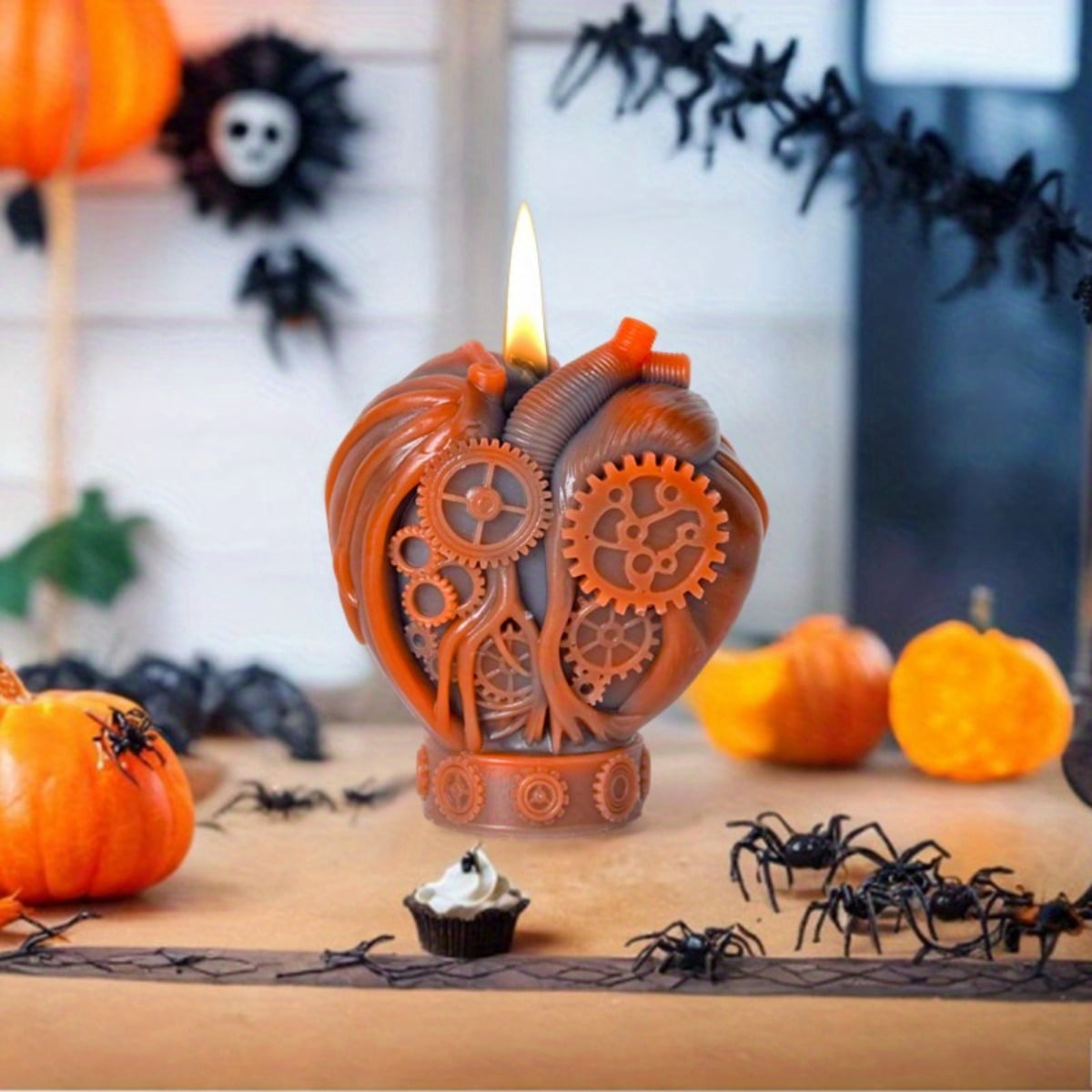 4 Pieces of Halloween Mechanical Heart Scented Candles, A Strange Skull Heart Silicone Mold - Used for Creating Mechanical Heart Design Molds for Halloween Decorations