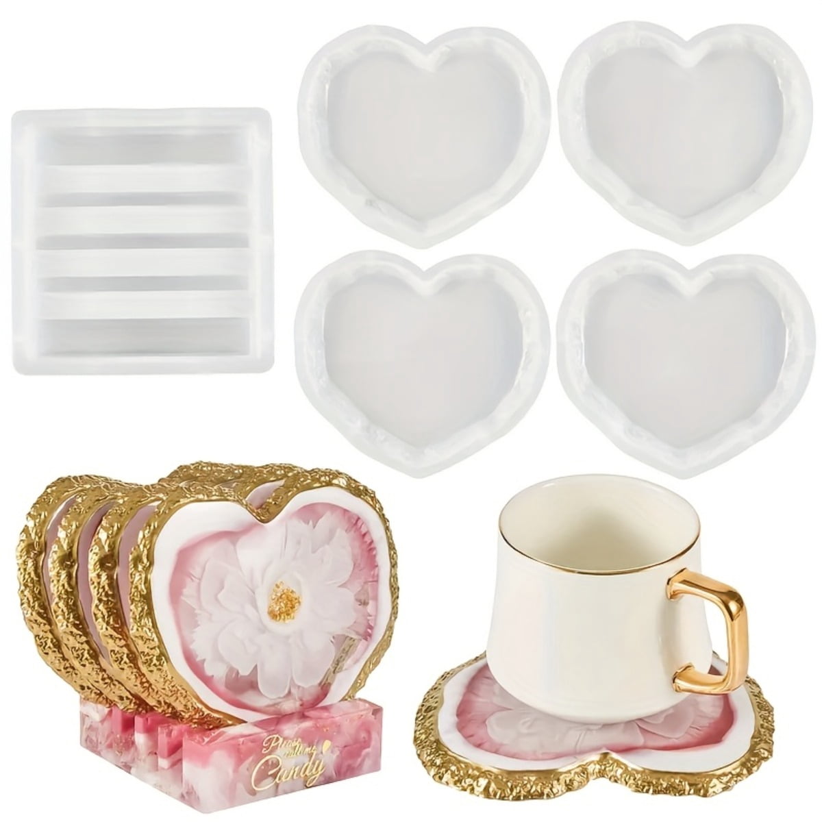 4 Pieces Heart Coasters Resin Mold Set - Resin Casting Molds for DIY Epoxy Crafts, Home Decor, Coasters, Silicone Molds with Storage Boxes for Easy Organization and Reuse (with Cup Holders)