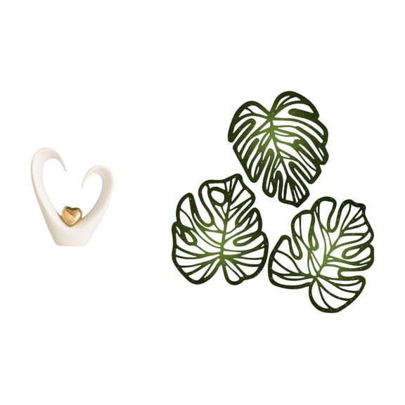 4 Pieces Heart Sculpture Palm Leaves Wood Wall Decor Statue Ceramic and Wood Living Room Office