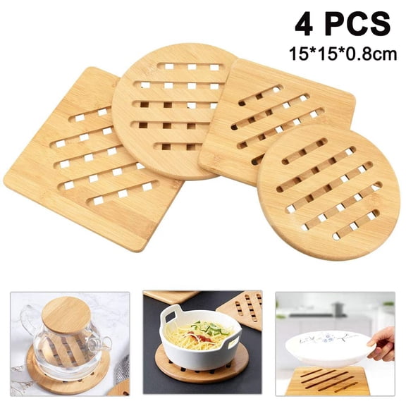 4 Pieces Heat Resistant Natural Washable Bamboo Coasters Square and Round Pan Coasters with Drainer for Kitchen Bowl Pots Plates Tletseagh