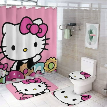 4 Pieces Hello Kitty Shower Curtain Set with Non Slip Rugs Toilet Lid Cover Bath Mat U Shaped Mat Bathroom Curtain Decor for Halloween Christmas Gifts 72"X72" Pink