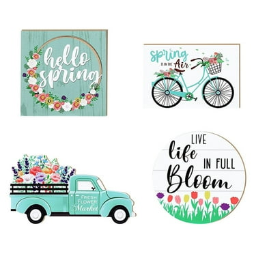 4 Pieces Hello Spring Happy Easter Tiered Tray Decorations Farmhouse Mini Wood Decor Kitchen Decor Tiered Tray Decor Fresh Flower Home 3D Signs for Easter Spring Party Tier Tray Decor (Car Style)