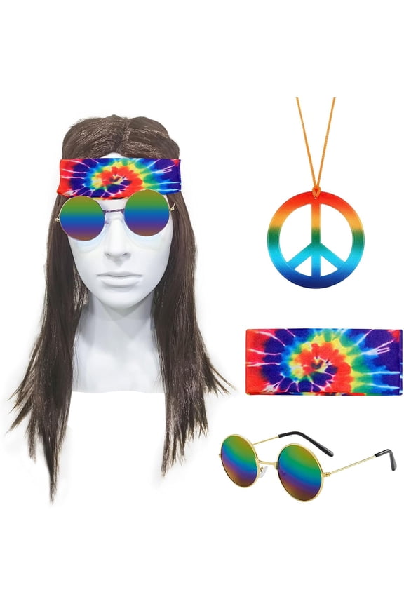 4 Pieces Hippie Wig Set, Hippie Costume Accessories, Brown Wig, Sunglasses, Peace Necklace, Tie Dye Headband, 60/70s Costume Accessories, Disco Style Fancy Dress for Men Women (4 Pieces)