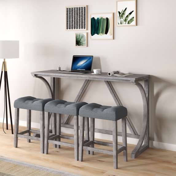 4 Pieces Industrial Breakfast Table Set, Kitchen Bar Table With Power Outlet, 1 Dining Table And 3 Upholstered Stools, For Small Space, Apartment