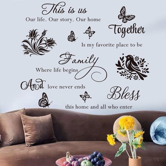 4 Pieces Inspirational Family Quotes Wall Decals This is Us Bless This Home Wall Decor Vinyl Stickers Living Room Bedroom Motivational Art Decorations for Home Office Teen Dorm.
