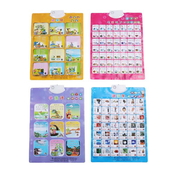 4 Pieces Interactive Electronic Chinese Learning Posters PVC Educational Wall Charts for Chinese Characters Three Character Primer Tang Poetry Stroke Radicals Study