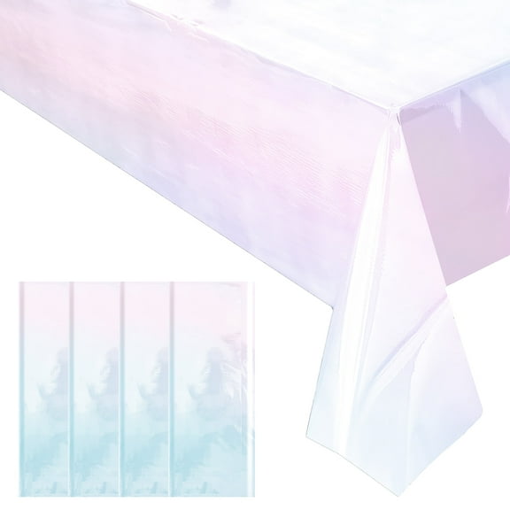 4 Pieces Iridescence White Tablecloth, 40 x 108“ Disposable Shiny Laser Table Cloth, Glitter Plastic Tablecloths, Holographic Iridescent Table Cover for Party Decoration, Wedding and Banquet