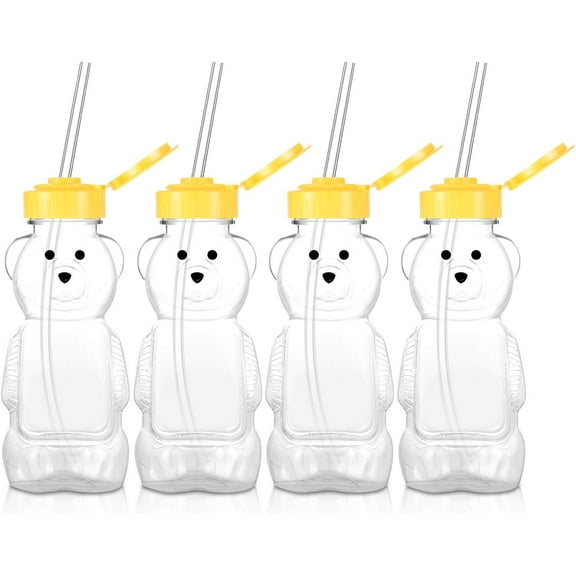 4 Pieces Juice Bear Bottles Honey Bear Drinking Bottles Plastic Reusable Drinking Cups with 4 Pieces Soft Silicone Straws for Daily Drinking Supplies (Yellow)