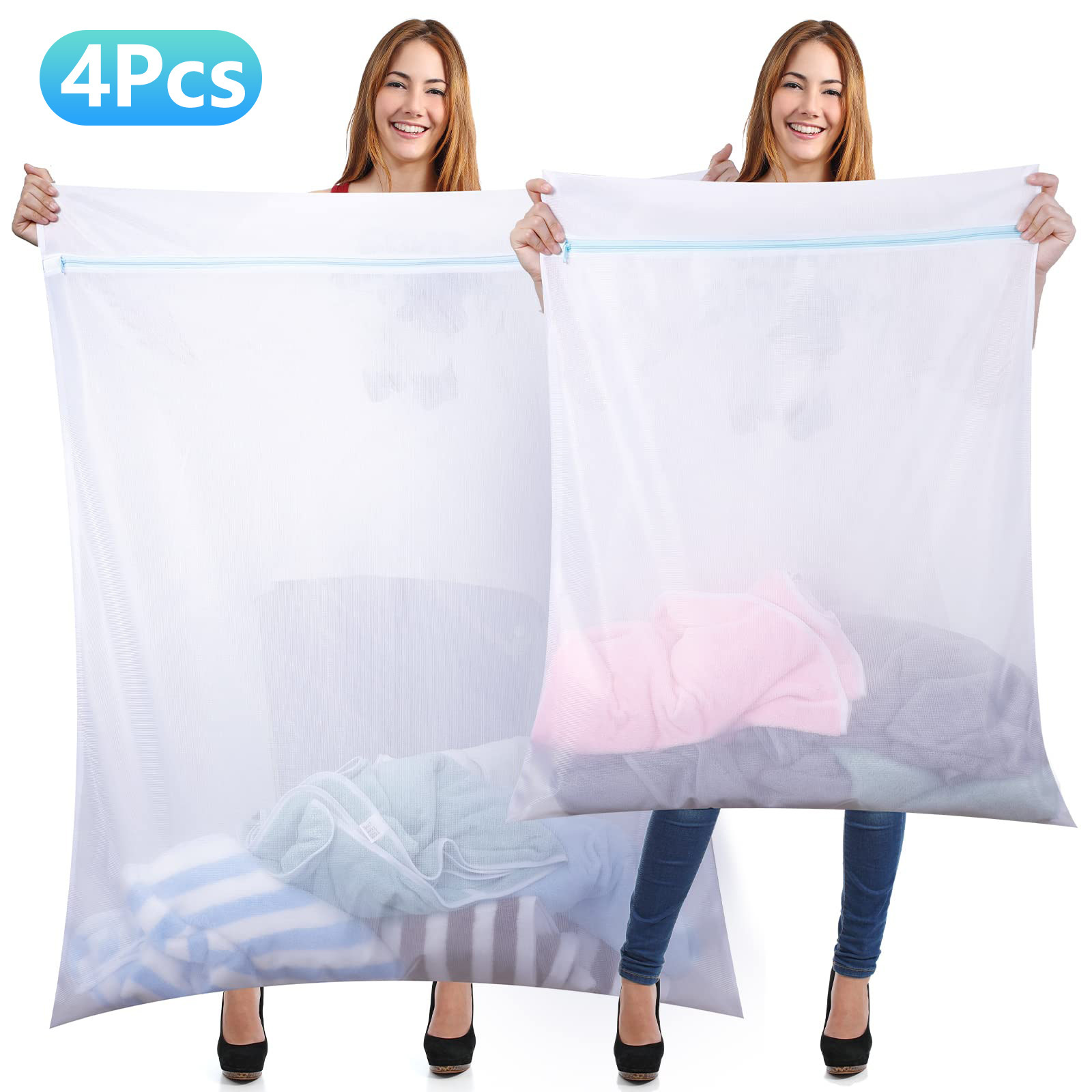 4 Pieces Jumbo Mesh Laundry Bags, 43 x 35 and 24 x 32 Inches Large Mesh ...