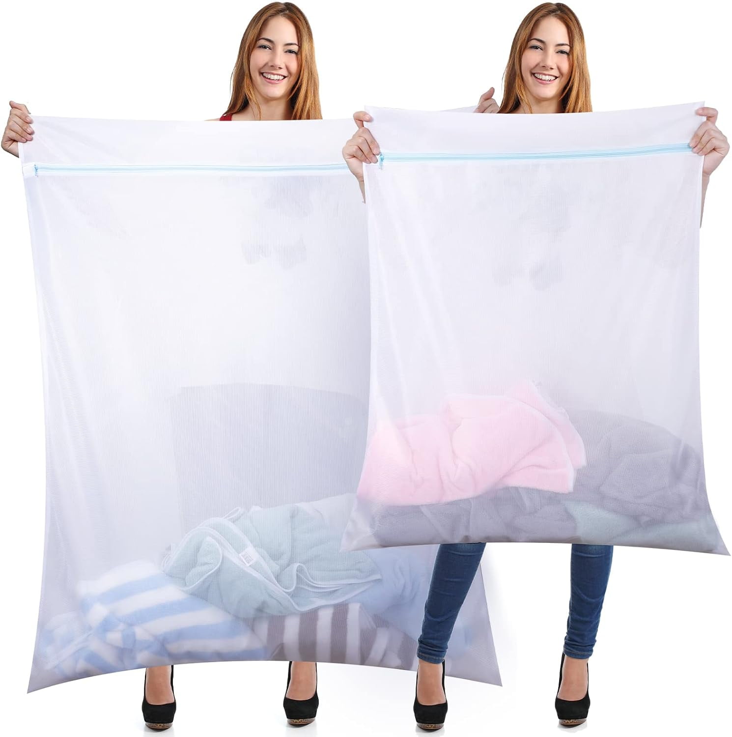 4 Pieces Jumbo Mesh Laundry Bags, 43 x 35 and 24 x 32 Inches Large Mesh Wash Bags Zippered Garment Bag