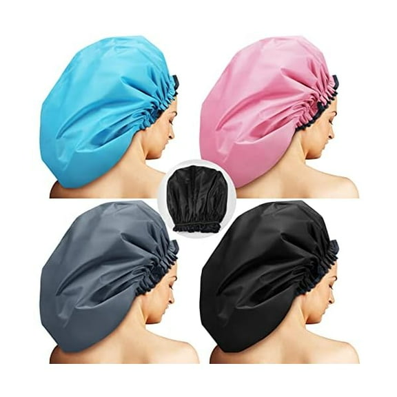 4 Pieces Jumbo Shower Cap Extra Large Double Layer Waterproof Shower Cap for Dreadlocks Satin Lining Reusable XL Bonnet for Women Men Thick Long Big Hair Locs Braids, 4 Colors