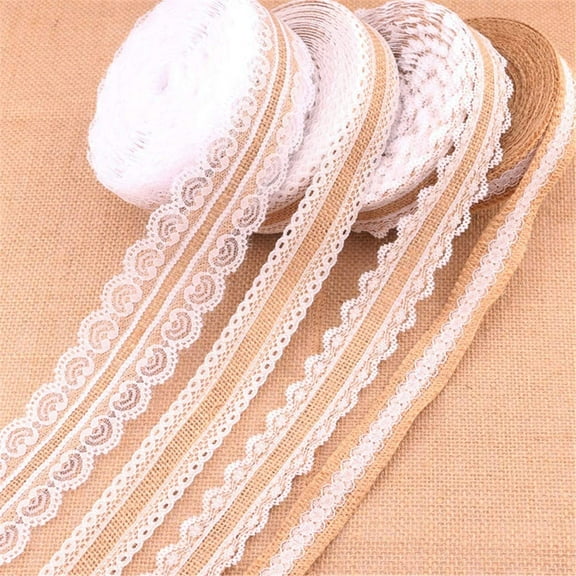 4 Pieces Jute Ribbon with White Lace Vintage Burlap, Lace Ribbon for Sewing DIY Crafts Wedding Party Christmas Decoration