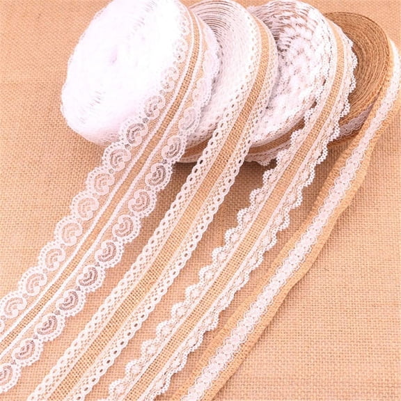 4 Pieces Jute Ribbon with White Lace Vintage Burlap, Lace Ribbon for Sewing DIY Crafts Wedding Party Christmas Decoration