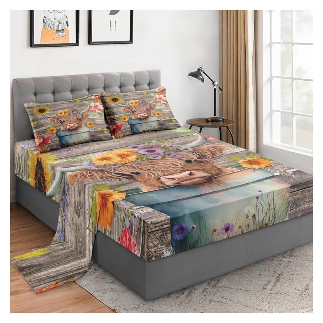 4 Pieces King Size Bed Sheet Sets with Pillowcases, Highland Cow Flower