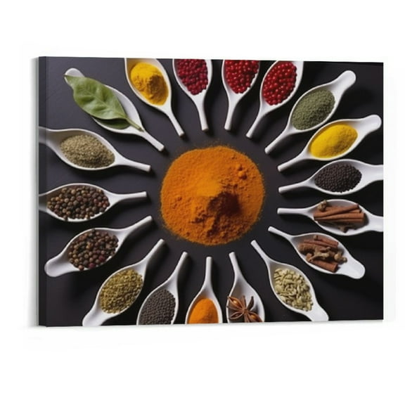 4 Pieces Kitchen Canvas Wall Art Spices Colorful Spoon Spice Wall Decor Spice in Spoon Picture Prints Dining Room Decor Frame (20×16in)