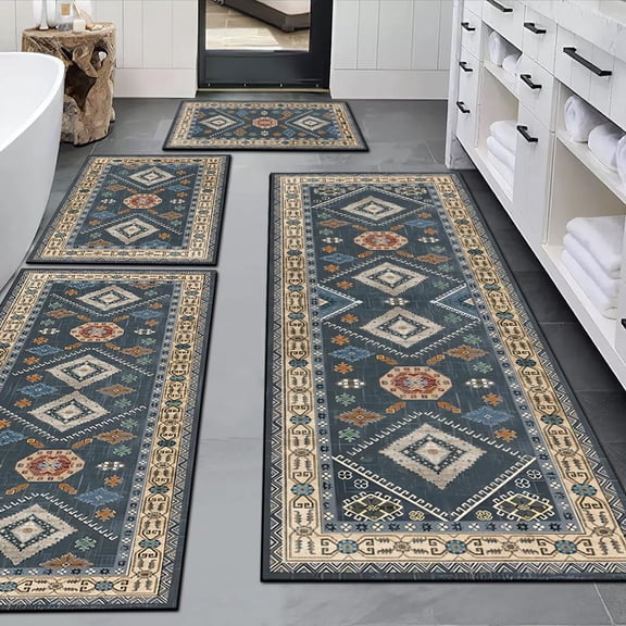 4 Pieces Kitchen Rug Sets with Runner Non Slip Washable Mats for Floor Thick Kitchen Floor Mat Carpet Runner Rugs for Hallway Laundry Holiday Decor