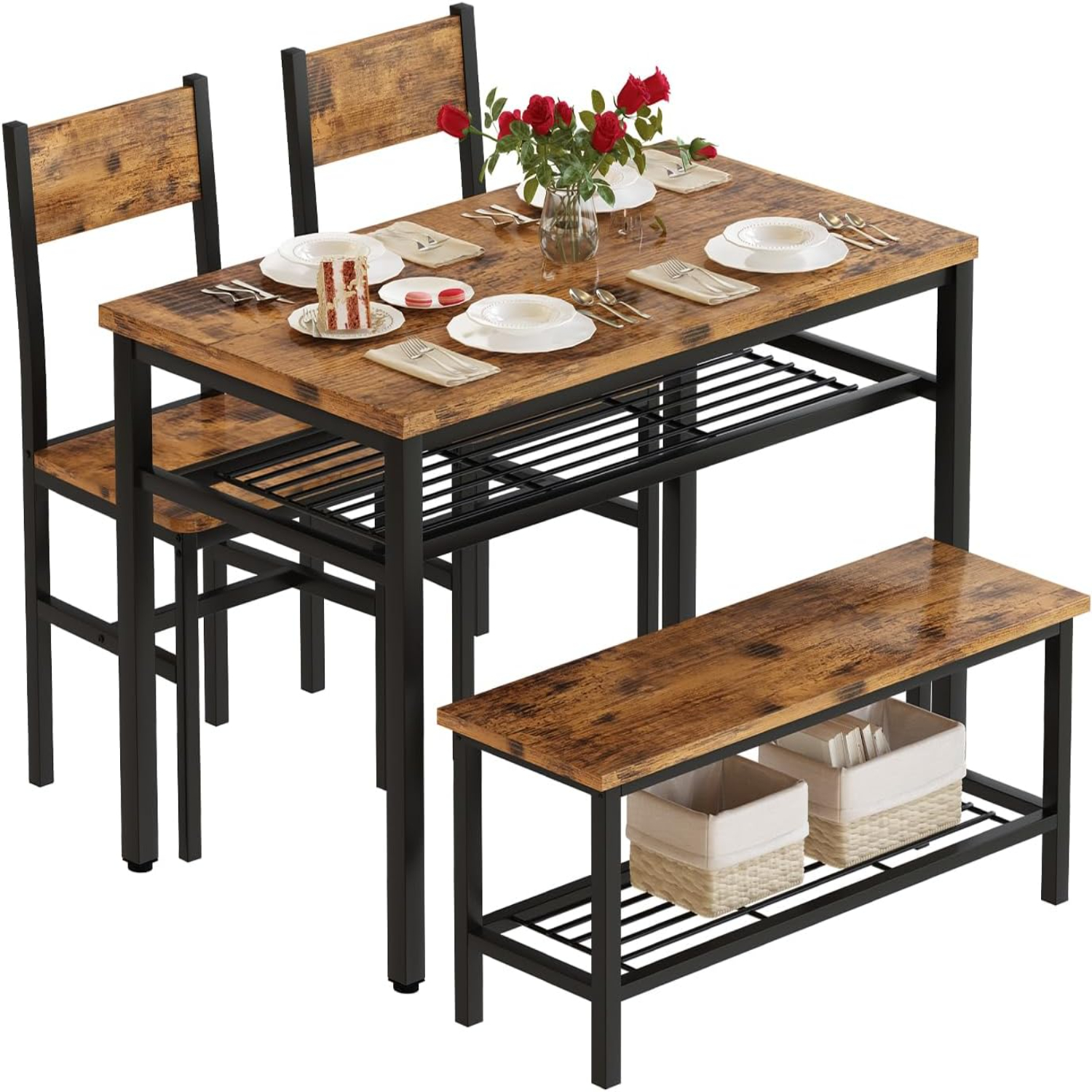 4 Pieces Kitchen Set Industrial Dining with 2 Chairs and Bench Racks ...
