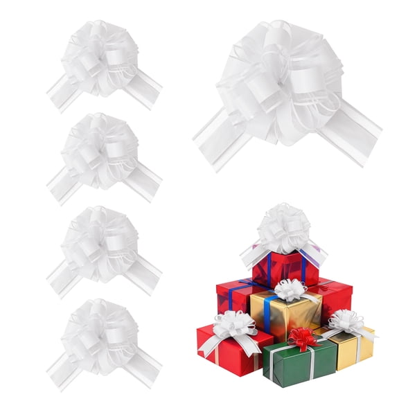 LoomJoyz 4 Pieces Large Pull Bows, Pink Gift Bow, 6 inches, Party Gift Wedding Ribbon Bows for Wrapping Boxes or Flower Decorations, Day Present Decoration Bow(White)