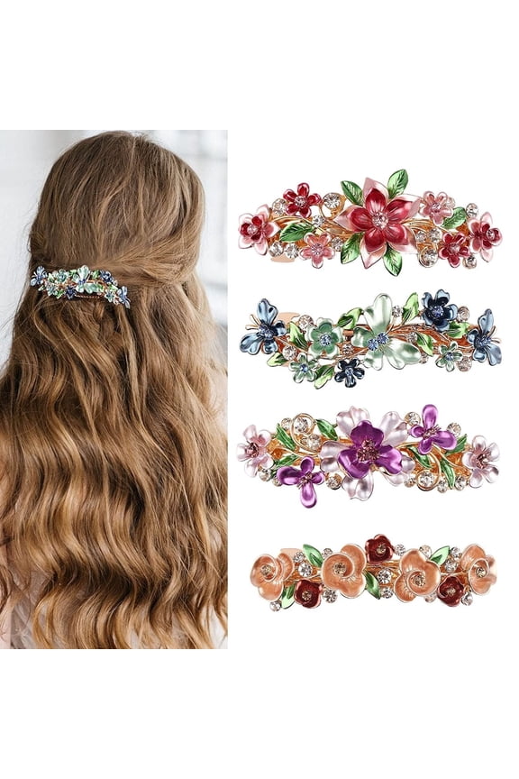 4 Pieces Large Vintage Flower Hair Barrettes for Women Spring Flora Rhinestone Hair Clips for Thick Thin Hair Decorative Hair Clip Colorful Retro Rhinestone Hair Clip Metal French Hair Clip