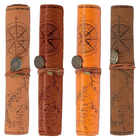 4 Pieces Leather Pencil Case, Map Rollup Pencil Bag, Vintage Makeup Brush Pouch, Brown y6426