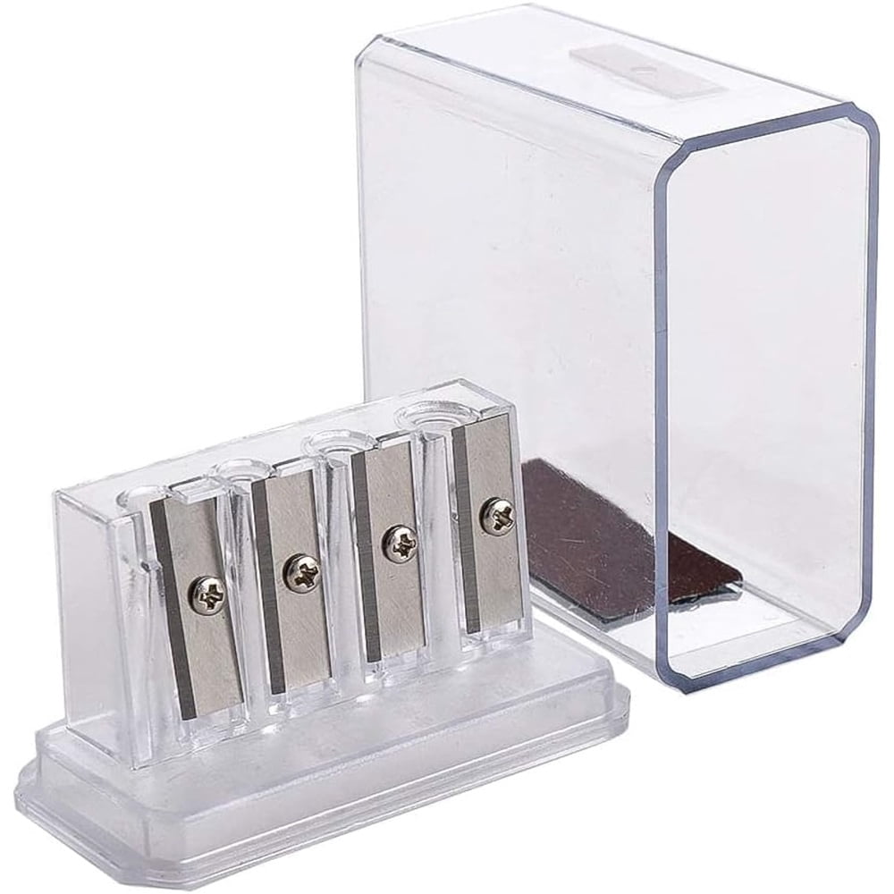 4 Pieces Long Point Manual Pencil Sharpener with Plastic Lid 4 Holes Handheld Sharpener for Sketching, Charcoal, Colored Pencils (Transparent)