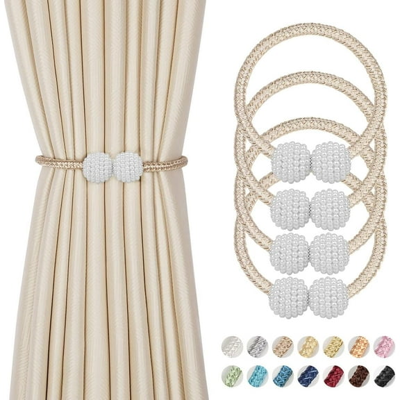 4 Pieces Magnetic Curtain Tie Backs - 19" Long Pearl Ball Curtain Magnetic TieBacks, European Drapes Clips Rope Holdbacks for Home, Office, Hotel Window Decorative, Beige