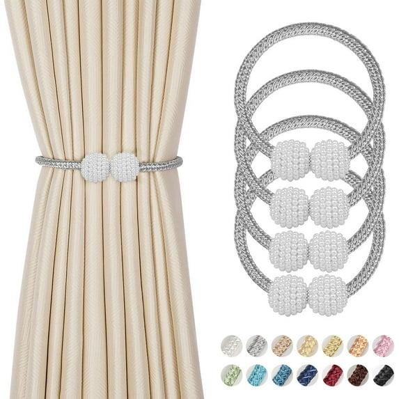 4 Pieces Magnetic Curtain Tie Backs - 19" Long Pearl Ball Curtain Magnetic TieBacks, European Drapes Clips Rope Holdbacks for Home, Office, Hotel Window Decorative, Grey