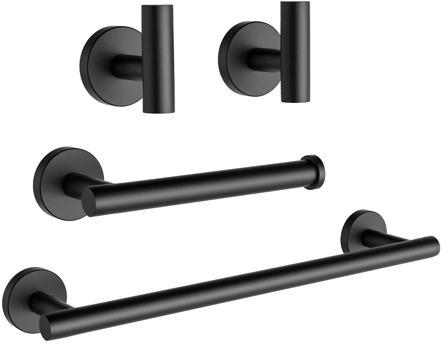 4-Pieces Matte Black Bathroom Hardware Set SUS304 Stainless Steel Round Wall Mounted - Includes 16" Hand Towel Bar, Toilet Paper Holder, 2 Robe Towel Hooks,Bathroom Accessories Kit