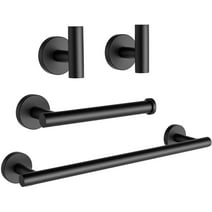 4-Pieces Matte Black Bathroom Hardware Set SUS304 Stainless Steel Round Wall Mounted - Includes 16" Hand Towel Bar, Toilet Paper Holder, 2 Robe Towel Hooks,Bathroom Accessories Kit