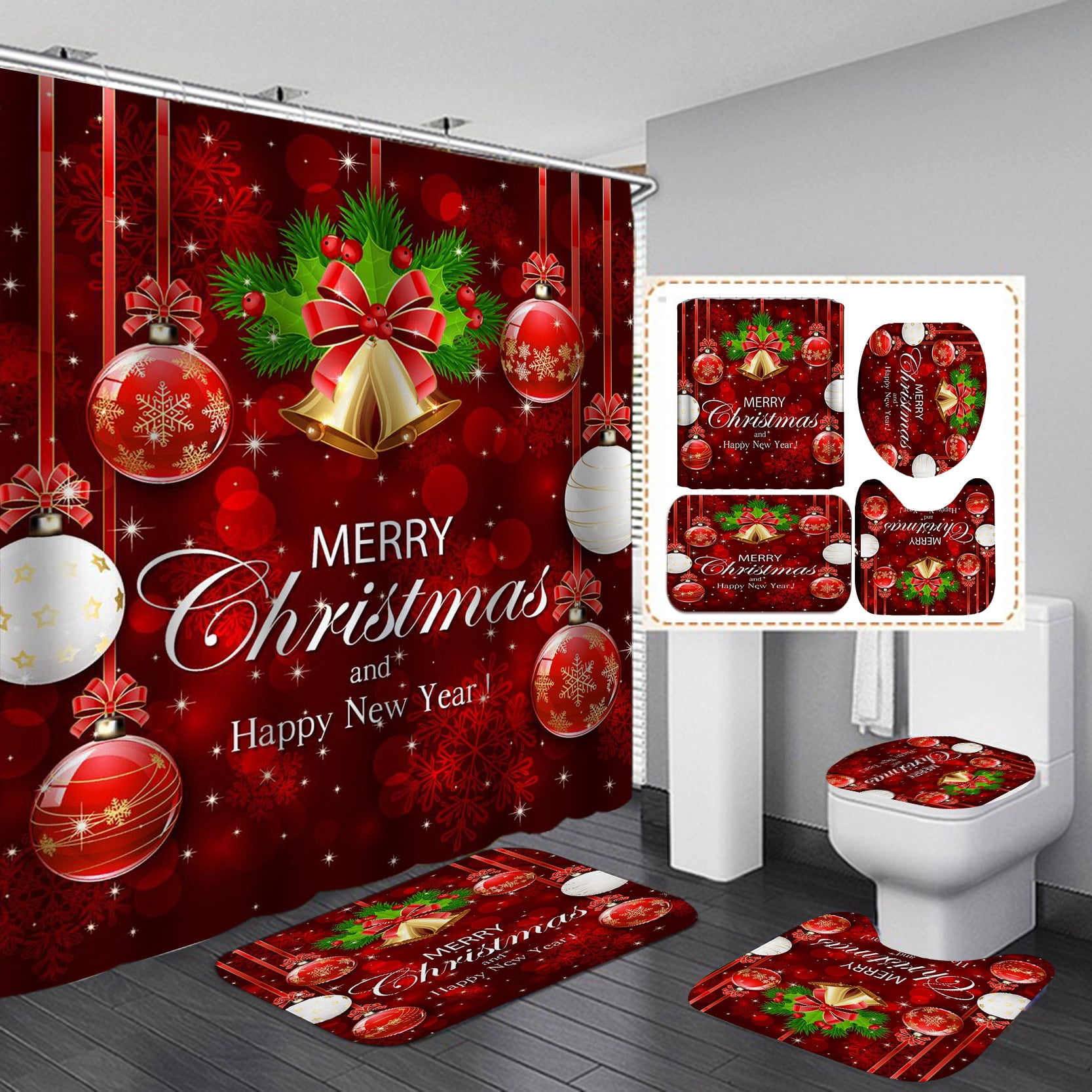 4 Pieces Merry Christmas Shower Curtain Set with Rugs, Toilet Lid Cover