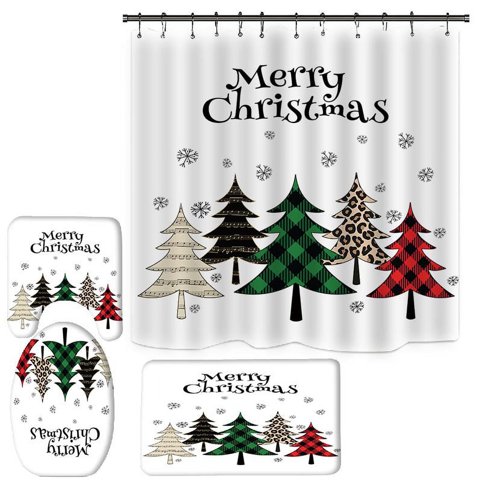 4 Pieces Merry Christmas Shower Curtain Set with Rugs, Toilet Lid Cover