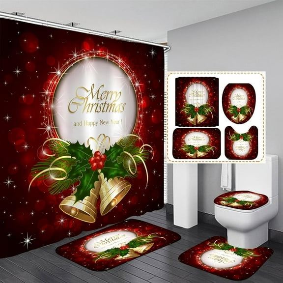 4 Pieces Merry Christmas Shower Curtain Sets with Non-Slip Bathroom Rugs, Toilet Lid Cover and Bath Mat, Xmas Red Truck Shower Curtain with 12 Hooks, Bathroom Curtain Shower Set for Chirstmas