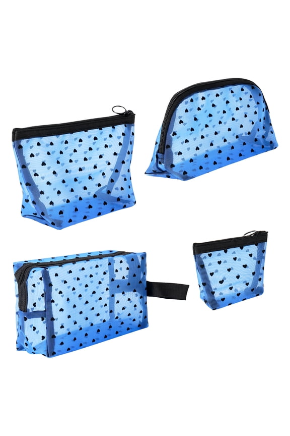 4 Pieces Mesh Cosmetic Bags Set, Portable Travel Mesh Makeup Bag, Heart Pattern Zipper Pouch Toiletry Bag for Women Girls (Blue)