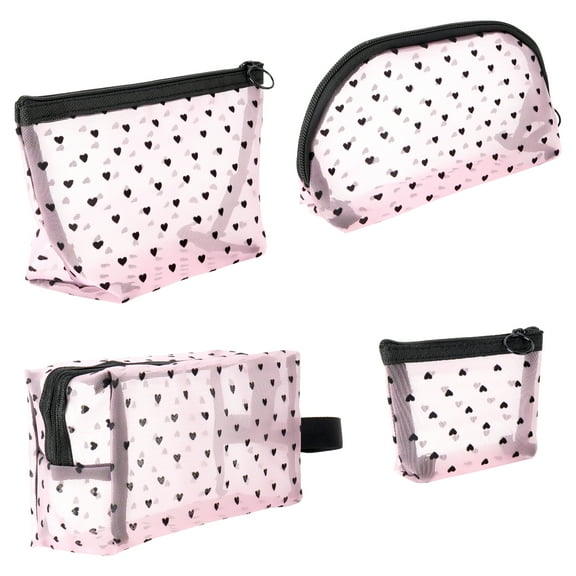 4 Pieces Mesh Cosmetic Bags Set, Portable Travel Mesh Makeup Bag, Heart Pattern Zipper Pouch Toiletry Bag for Women Girls (Pink)