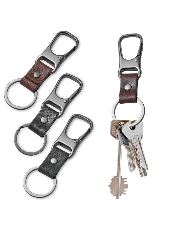 4 Pieces Metal Car Key Chain Ring Holder & Keeper, Self-Locking PU Leather Belt Key Holder Clip Loop for Men and Women Car Home (Coffee, Gray)