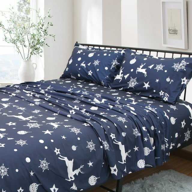 4 Pieces Microfiber Flannel Sheet Set, Full Size Navy Blue Color Deep Pocket Bedding Sheet Set
