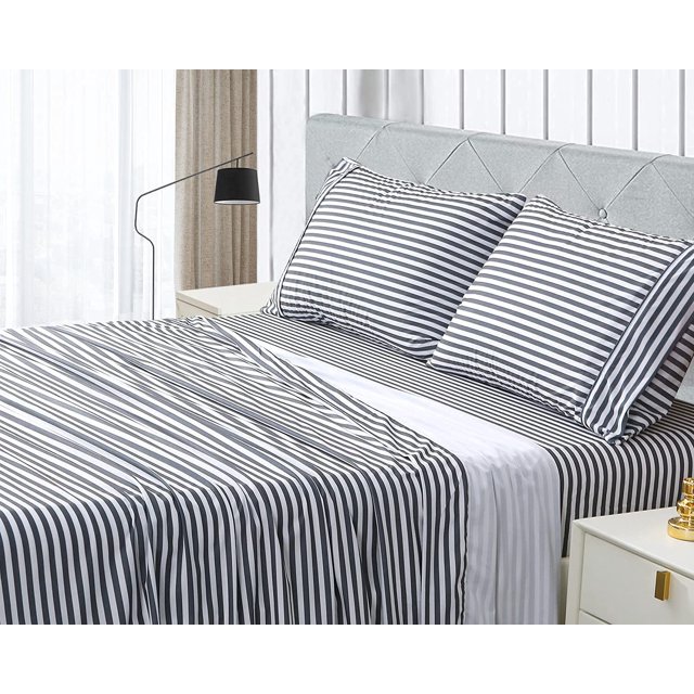 4 Pieces Microfiber Flannel Sheet Set, King Size Stripe Grey Color，Deep