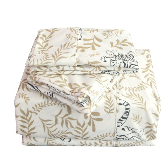 4 Pieces Microfiber Flannel Sheet Set, Queen Size White Vintage Tiger Color, Bed Sheets & Pillowcases, Deep Pocket