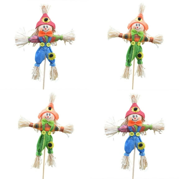 4 Pieces Mini Scarecrow on a Stick Fall Decoration Small Scarecrow Thanksgiving Decor Autumn Fall Harvest Standing Scarecrow Decor for Autumn, Halloween, Thanksgiving, Garden(Random sent)