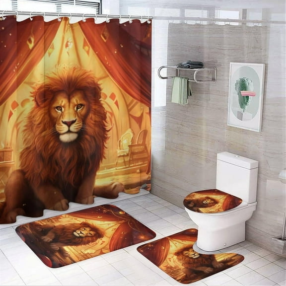 4 Pieces Modern Lion Shower Curtain Set Funny Show Animal Rustic Picture on Non-Slip Rugs Toilet Lid Cover Bath Mat and Bathroom Curtain with 12 Hooks,72x72 Inch