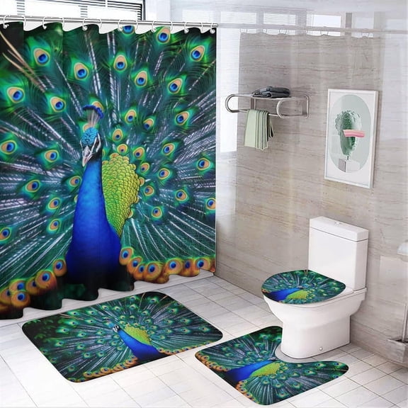 4 Pieces Modern Peacock Shower Curtain Set Tropical Countryside Rustic Animals Bathroom Decor Sets with Rugs Bathroom Accessories Set Bathroom Curtain Shower Set with 12 Hooks